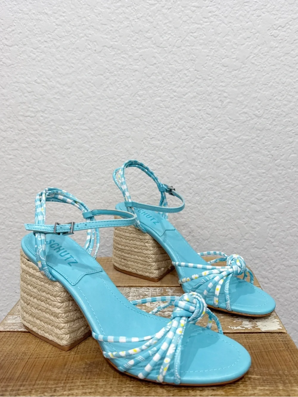 Schutz Dahra Tiver Aqua Block Heel Sandals Size 9.5 NEW